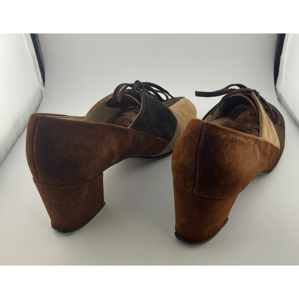 Vintage 60s Hush Puppies Colorblock Suede Mod Heels Lace Up Brown 8M pumps - Picture 6 of 16